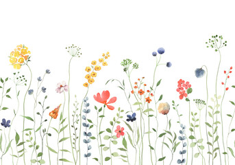 Floral watercolor seamless border with abstract delicate green plants and colorful wildflowers. Isolated floral hand drawn illustration for wallpapers or garden background with design elements.