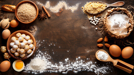 A table with a variety of ingredients for baking, including flour, sugar