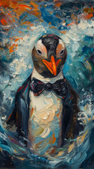 Polished penguin in a tuxedo, sporting a bow tie, against an icy landscape backdrop, lit with moonlit glow, emanating timeless sophistication and grace