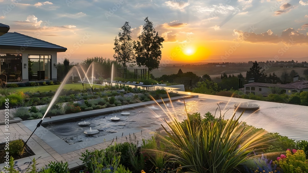 Poster automated smart garden watering system with rotating sprinklers and autonomous sprayers at sunset. c