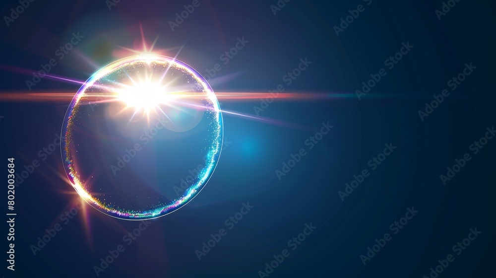 Poster light lens flare effect of a circular shape with bright sparkles and streaks. glow ring with rays an