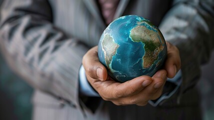 A person in a suit and tie is holding a 3D model of the Earth in the palm of their hand.