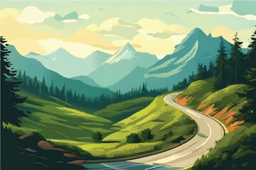 Mountain road in the mountains vector. Mountain landscape. Panorama of mountain with road and grassland. Road leading to mountains. Blue sky. Vector Background.