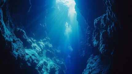 Obraz premium A deep blue ocean with sunlight shining through the water