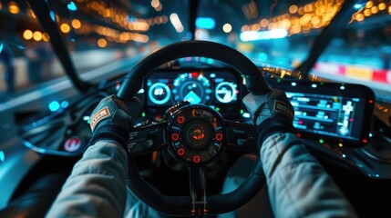 Professional racing car driver driving surrounded with panel while holding car steering wheel with...