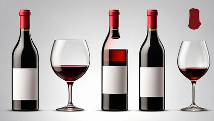 three bottles of red wine and two glasses of red wine for mockup - obrazy, fototapety, plakaty