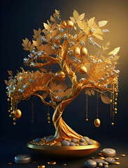 A tree of pleasant colors with leaves like cotton and colored pearls and diamonds growing on it