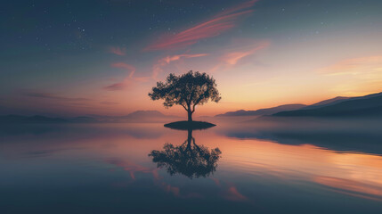 Solitude at Twilight: Silhouetted Tree by the Lake. Generative AI