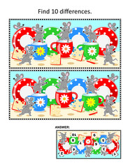 Difference game with mice, cheese, dishware
