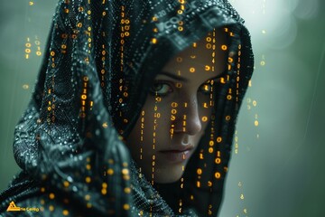 Glowing red and black code streams across a dark digital background, evoking a hacker's workspace.