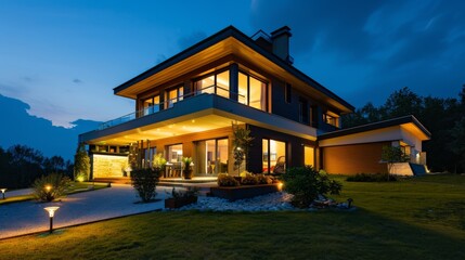 An eco friendly home illuminated by energy saving LED bulbs, showcasing modern sustainable living with efficient electricity use for environmental conservation