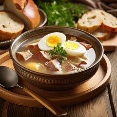 soup with meatballs.a bowl filled with traditional Polish soup , presented on a rustic wooden tray. The render should showcase the soup's savory broth, chunks of meat, and slices of hard-boiled e - obrazy, fototapety, plakaty