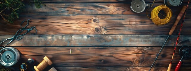 fishing tackle on a wooden background. selective focus