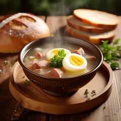 a bowl filled with traditional Polish soup Zurek, presented on a rustic wooden tray. The render should showcase the soup's savory broth, chunks of meat, and slices of hard-boiled egg, with steam risin - obrazy, fototapety, plakaty