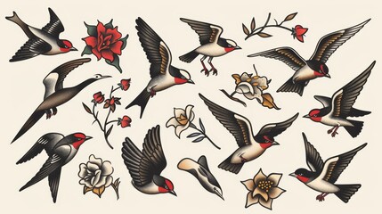 A collection of old-school tattoo designs, including bold swallows, set against a clean backdrop, highlighting the rich, solid coloring and stark outlines