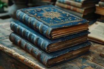 Vintage blue bound books with gold embossing on a rustic wooden surface, symbolizing the love of literature and history