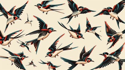 A collection of old-school tattoo designs, including bold swallows, set against a clean backdrop, highlighting the rich, solid coloring and stark outlines
