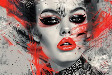 Painterly portrait of a woman showcasing a bold mod rock make-up look. Accentuate her eyes with dramatic winged liner and paint her lips in a bold red hue