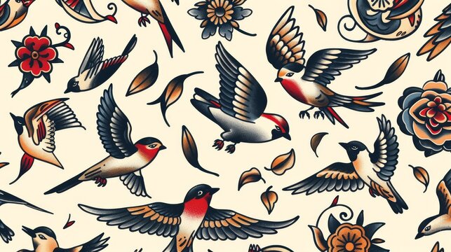 A collection of old-school tattoo designs, including bold swallows, set against a clean backdrop, highlighting the rich, solid coloring and stark outlines