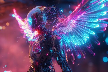  Cybernetic mechanical angel, featuring advanced technology and healing light. colorful glow representing different healing energies
