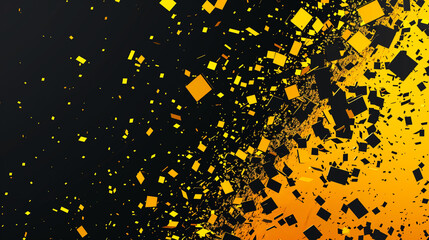 Explosion of Yellow Squares on Dark Background. Abstract art depicting an explosion of yellow and orange square particles dispersing on a dark background.