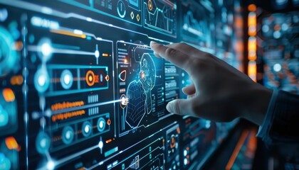 Obraz premium A person interacting with a futuristic graphical user interface with glowing elements.