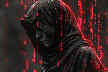 A red and black digital landscape with lines of code interwoven throughout, creating a hacker aesthetic.