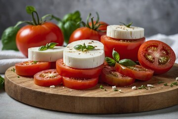 Image of Tomatoes and Mozzarella Cheese on Wooden Platter