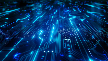 Obraz premium Futuristic Blue Circuit Board with Glowing Lines. Detailed close-up of a futuristic blue circuit board featuring intricate patterns of glowing lines and dots.