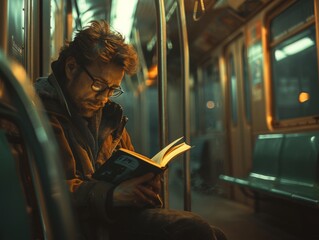 man reading a book in a subway car