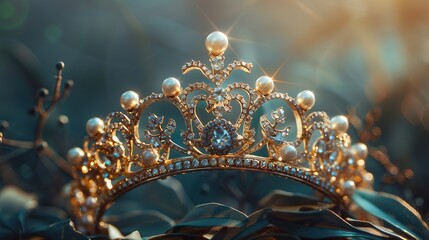 A gold tiara is sitting on a reflective surface. The tiara has diamonds or other clear gems in a floral pattern.