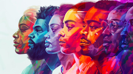 Vibrant Multi-Colored Portraits of Diverse Individuals. A striking digital artwork showcasing side profiles of five individuals in vibrant, multi-colored abstract style.