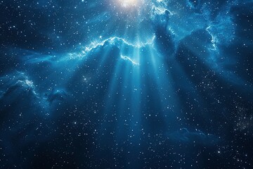 Fototapeta na wymiar A cosmic spectacle: a deep blue expanse erupts with a brilliant flare of starlight, sending beams of light outward.