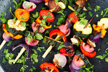 Grilled vegetables on sticks, barbecue food.