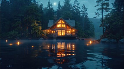 Fototapeta premium A tranquil lakeside retreat surrounded by towering pine trees, with a rustic cabin nestled among the foliage. Soft candlelight glimmers through the windows. Generative AI.