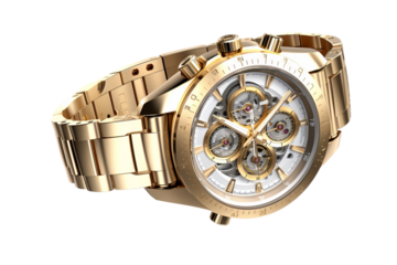 Timeless Elegance: A Gleaming Gold Watch Against a Pure White Backdrop. On a White or Clear Surface PNG Transparent Background.