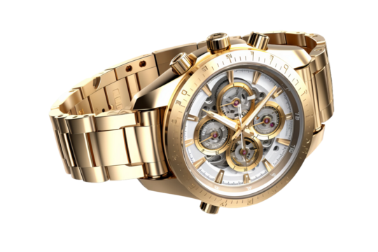Timeless Elegance: A Gleaming Gold Watch Against a Pure White Backdrop. On a White or Clear Surface PNG Transparent Background.