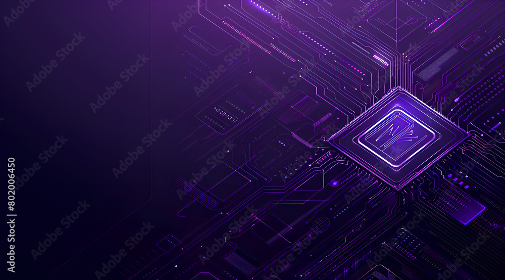 Poster a purple background with a purple square in the middle. the square is a computer chip. generative ai