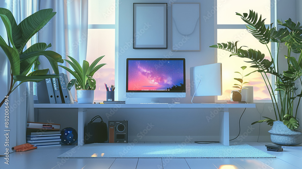 Poster Modern workspace with computer and office supplies. Generative AI.
