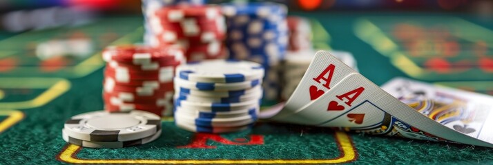 Fototapeta premium Tactically arranged pair of aces with vertical stack of chips on poker table green felt