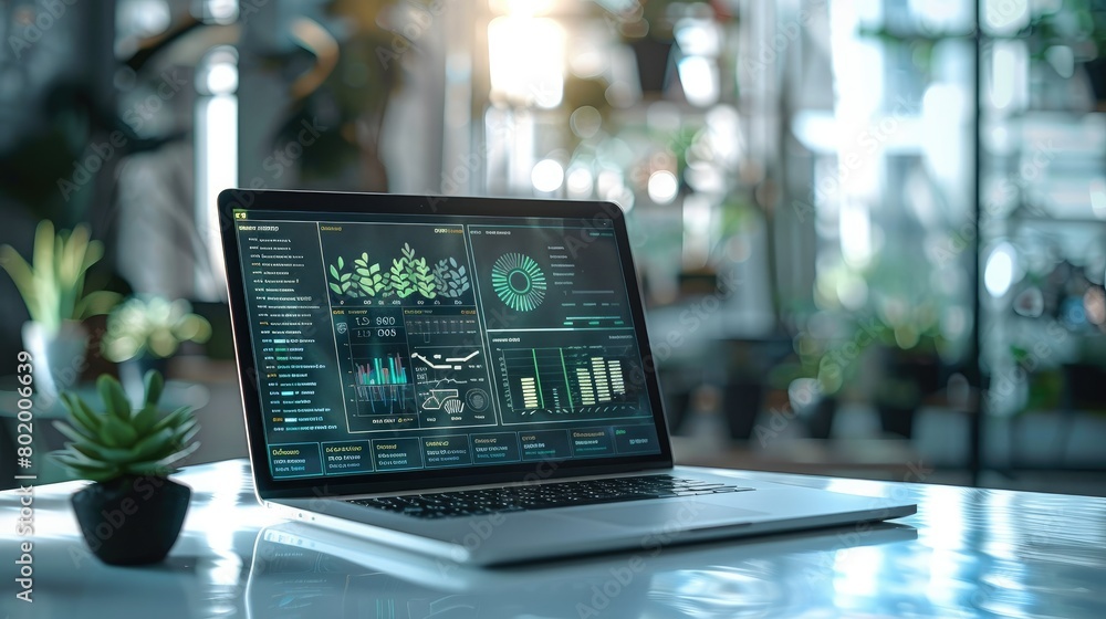 Leinwandbilder a laptop displaying virtual screens presenting energy efficiency ratings and benefits of incorporati