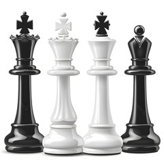 White and black chess pieces of kings and queens stand on a battle chessboard
