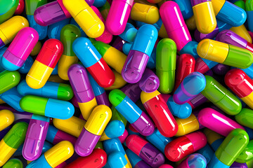 A bunch of colorful pills are piled on top of each other. The pills are in various colors, including red, blue, yellow, and green. Concept of abundance and variety. Generative AI