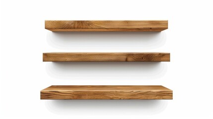 Three 3D wooden shelves isolated on white background. Modern illustration of wall shelf with blank surface, interior design elements, oak texture, home, office and shop furniture.