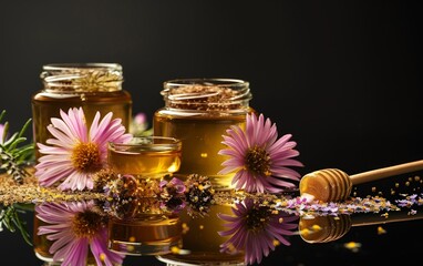 A jar of honey is surrounded by flowers and a wooden spoon