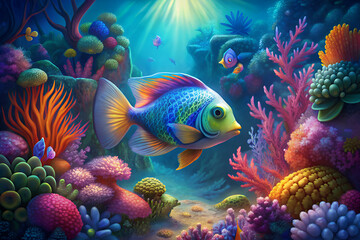 rainbow fish surrounded by beautiful coral