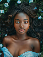 closeup portrait of black African American woman lies in the summer garden with blue blooming hydrangea flowers. Foggy. Dreamy, fairytale atmosphere, beauty, cosmetics, perfumes, fashion advertising