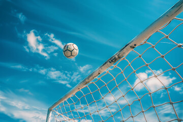 a soccer ball is in the air above a net