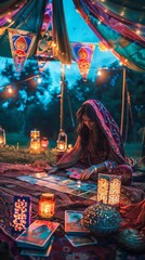 Woman sitting on a blanket in a tent with candles and books. Fortune teller background. Vertical background 