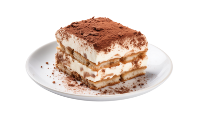 A delectable slice of tiramisu on a white plate, dusted with cocoa powder, against a transparent background. Generative AI